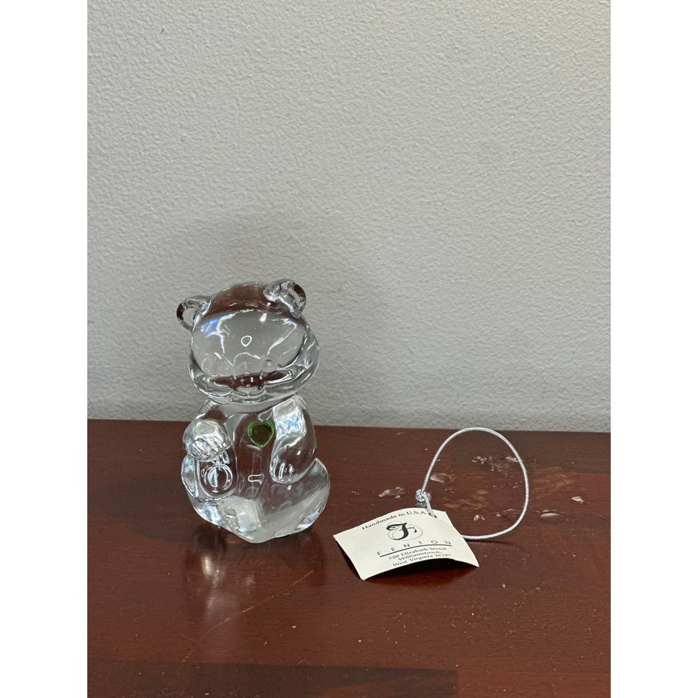 Fenton Art Glass Clear Bear Figurine with Green Heart Handmade USA Collectible